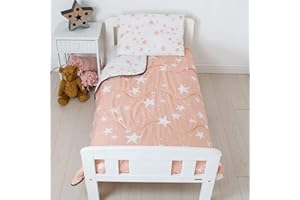 REST EASY SLEEP BETTER Rest Easy Bettdecke für Kleinkinderbett, ohne Bettdecke, inkl. gefülltem Kissen und Kissenbezug, wendbar, waschbar, Bettdecke, perfekt für Reisen und Übernachtungen, 4 Tog, rosa Sterne