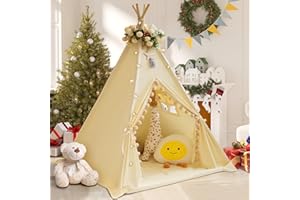 WIRHAO Teepee Tent for Kids with Padded Mat Cotton Canvas Kids Tent with Pompom for Toddlers Indoor Play Tent for Girls Boys with Stars Lights, Carry Bag, Banner Flag (Cream)
