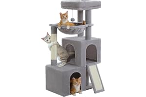 PETEPELA Arbre à chat de 104 cm avec 2 grottes spacieuses pour chats d'appartement, maison pour chat avec hamac confortable de 40 cm, perchoir, tampon griffoir et balle de jeu amovible, gris