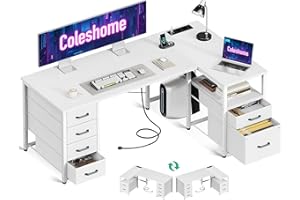 Coleshome Scrivania Angolare con Tessuto Cassetti, Reversibile Scrivania a l con Cassetto Portadocumenti, Scrivania per Computer con Porta di Ricarica USB e Presa di Corrente (Bianco, 140x70cm)