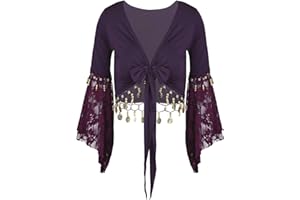 inhzoy Costume da Danza del Ventre da Donna Cardigan in Pizzo Patchwork con Paillettes Top Corto con Scialle con Maniche Vestito da Danza Classica Spettacolo Discoteca