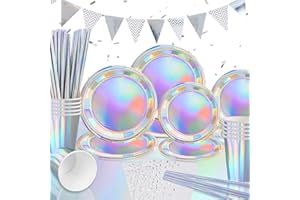 GOLDNICE Iridescent Party Supplies Set Serve 20 Guests Holographic Paper Plates and Napkins Cups Iridescent Party Plates Iridescent Party Tableware Set Dessert Plates for Birthday Wedding Dinnerware Set