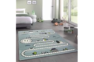 TEPPICH-TRAUM Merinos Dywan dziecięcy, dywan uliczny, dywan do nauki dla chłopców z ulicami i domami w kolorze turkusowym, rozmiar 80 x 150 cm