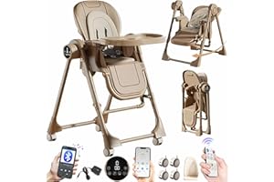 Magic ZC Électrique Bluetooth Intelligent Cuir PU Chaise Haute pour Bébé Chaise de Salle à Manger avec Hauteurs Réglables et Positions Pliable Convertible avec Doubles Plateaux (E8121 Khaki)