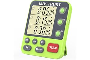 MOSTRUST Digital Dual Kitchen Timer, 3 Channels Countdown Triple Timer for Cooking, Magnetic Memory-Preset Large-Display Adjustable Alarm Volume, Multi Times Management, 3A Battery Included, Green