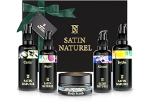 SATINNATUREL Idee Regalo Donna Compleanno - Scrub Corpo + Olio di Argan + Olio di Ricino + Olio di Mandorle + Olio di Jojoba - Scatola Regalo - Cofanetto Regalo Donna - Satin Naturel