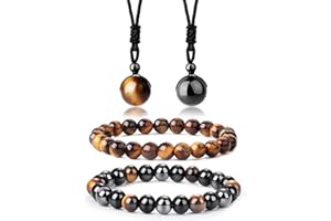 KALVICA 4 Pezzi Occhio di Tigre Bracciale in Vera Naturale per Uomo Donna Collana con Ciondolo Occhio di Tigre Collana di Ossidiana Bracciale in Ossidiana Ciondolo con Pietre Preziose Curative