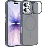 Ehr. iPhone 17 ile Uyumlu Magsafe Wireless Şarj &Ouml;zellikli Kamera Standlı L&uuml;ks Mat Silikon Kılıf [Lens Koruyucu Hediyeli] (Gri