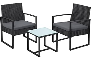 ‎SONGMICS Songmics GGF010G05 Balcony Furniture Set, PE Polyrattan Lounge Set, Table and 2 Chairs, Patio Furniture, Easy Assembly, Outdoor, for Patio, Balcony, Garden, Black/Grey