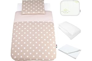 BABY IDEA Babysanity Lenzuola Next To Me Compatibili 5 pezzi: Cuscino Neonato Federa Cuscino Piumino Copripiumino Lenzuolo Angoli per Culla Lettino Neonato Chicco Kinderkraft Cam Brevi OEKO-TEX (Stella B)