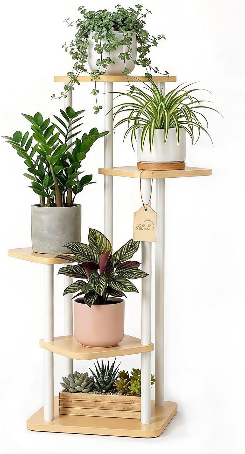 Ribech Soporte para Plantas de Interior Estante para Plantas 5 Niveles, Soporte de Flores de Metal para Interior/Exterior, Jardineras para Balcón Salón, Blanco
