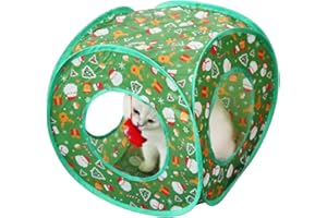 Andiker Cat Pop Up Tent, 3 Holes Safe and Strong Cute Cat Tunnel Collapsible Easy to Carry Cat House for Indoor Cats Kittens Hiding Playing Training (Christmas Square)