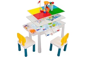LeFluffy 7-in-1 Activity Table Set,Baby Toddler Table and Chair Set,Building Block Rectangular Table and Chair Set with 100 pcs Play Blocks and 2 Chair,Water/Sand Table for Boys Girls 1-3 age