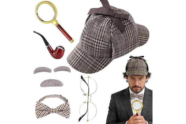 PLLYPE Detektiv kostym tillbehörsset, Sherlock Holmes kostym tillbehör med detektiv hatt metallglasögon förstoringsglas herrfluga skägg, detektiv cosplay rekvisita för barn vuxna karneval cosplay