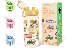 UZSPACE Trinkflasche Kinder 600ml/20oz, BPA-frei Tritan Sportflasche mit Einhandbedienung, Auslaufsichere Trinkflasche mit Tragegriff für Kinder Jungen Mädchen Schule Outdoor Kindergarten, Gelb Auto