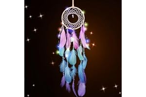 Disdarkday Attrape-rêves - Décoration murale faite à la main - Avec lumière LED colorée - Plume colorée - Attrape-rêves - Cadeau pour filles, enfants, femmes (charme carillon éolien)