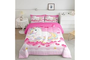 EROSEBRIDAL Girls Unicorn Comforter Set Twin Girly Fantasy Rainbow Unicorn Bedding Set for Kids Little Girls, Pink Love Heart Duvet Sets Dreamy Horse Cartoon Magical Animal Down Comforter with 1 Pillowcase