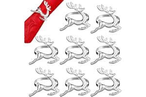 iwiio 8Pcs Christmas Napkin Rings, Christmas Silver Metal Reindeer Napkin Xmas Holiday Napkin Ring for Xmas Wedding Party Champagne Bottle Banquet Table Decorations