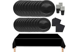 MORAINJAY Juego de vajilla de fiesta de 69 piezas, juego de vajilla negra con platos, mantel, servilletas, tazas, decoraciones de mesa de color sólido para cumpleaños, boda, picnic, baby shower,