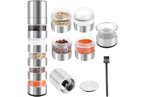 Nswayy Molinillo Pimienta y Sal 5 en 1, Molinillos de Especias Acero Inoxidable Vidrio Molinillo de Cerámica Ajustable con Cepillo de Limpieza para Cocina Viaje