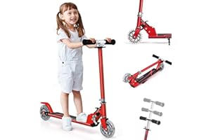 GYMAX Trottinette Enfants 3-7 Ans Pliable, 2 Roues Lumineuses, Hauteur Réglable à 3 Niveaux, avec Béquille, en Aluminium Léger Robuste, Charge Max 70 KG, Roulement Durable ABEC-7