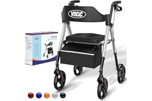 VOCIC deambulateur 4 roues pliable leger,Rollator en aluminium léger avec siège,Pour tous les terrains, Siège réglable en hauteur,Se range facilement dans le coffre,Argent Étoilé | Garantie de 5 ans