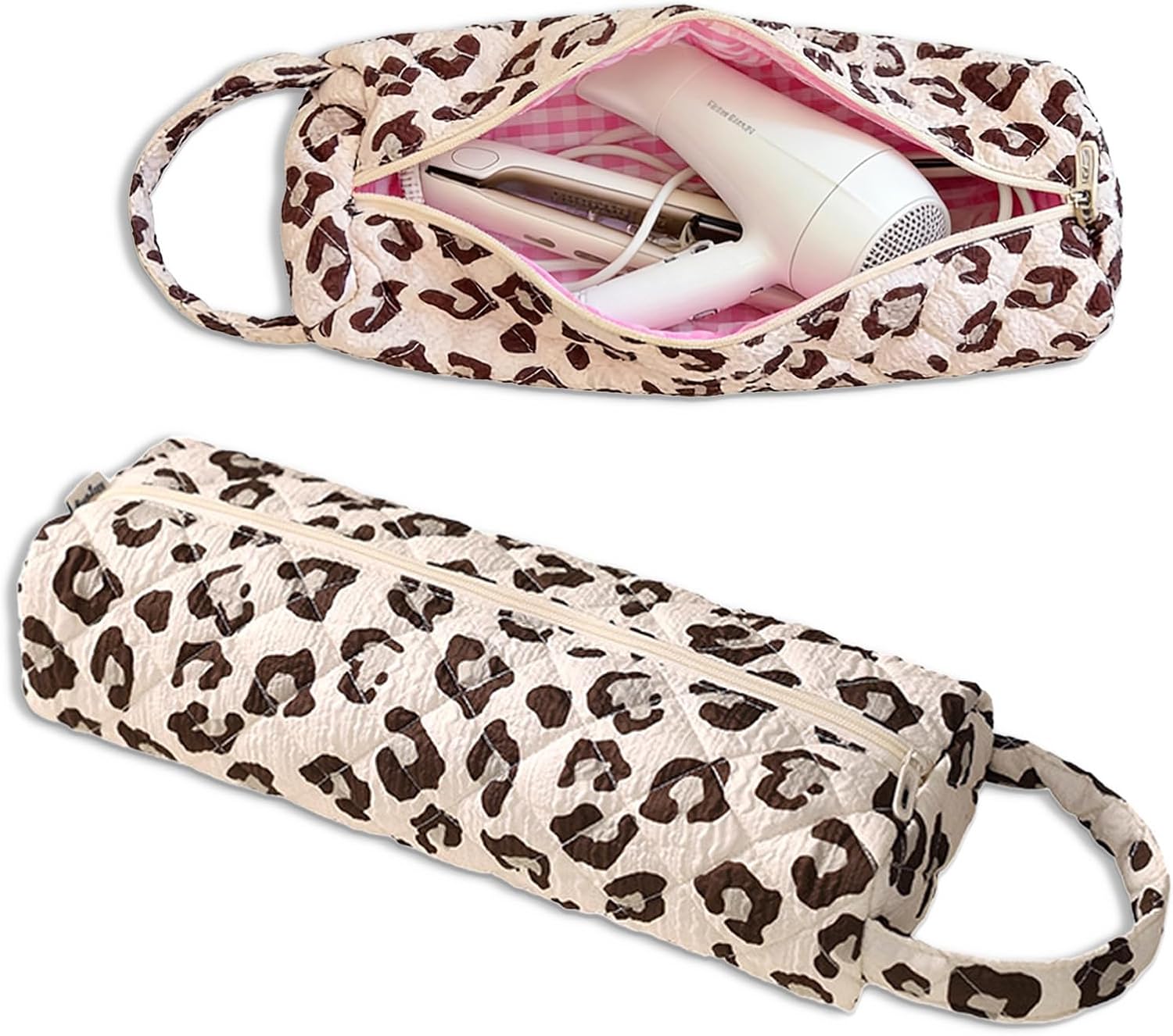 KASESSS Leopardo Crema Bolsa De Almacenamiento De Viaje para Secador De Pelo, Portátil Funda Plancha Pelo Y Rizador, Ligera Bolsas Viaje para Airwrap Styler Herramientas De Peluquería Organizador