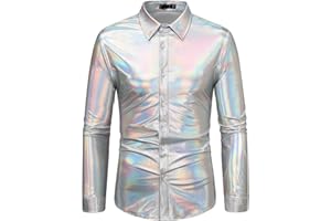 Fowjknww Langarmhemd Herren Pailletten Slim Fit Hemd Metallic Disco Glänzend Solide Freizeitkleidung Für Männer Regular Fit Businesshemd Tanz Nachtklub Verkleidung Glitzer Kustüm
