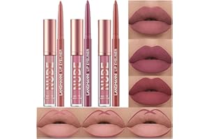 HQDA 6Pcs Matte Liquid Lipstick Lip Liner Set, Velvety Nude Lipgloss Waterproof Non-Stick Cup Not Fade Liquid Lipstick Lipliner Make Up Gift Set (Set C)