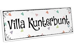 ARTFAVES® Door Sign with Saying - Villa Kunterbunt | Vintage Decorative Sign on the Theme Family/Home | Shabby Chic Sign Also as a Gift