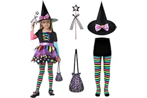 JONRRYIN dziewczyny czarownica przebranie wielokolorowe, nowe przebranie czarownicy dla dzieci, dziewczyna czarownica przebranie z rajstopy, magiczna różdżka, impreza halloweenowa cosplay