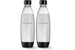 SodaStream 1 Litre Slim Reusable Dishwasher Safe Water Bottles Pack of 2 for Spirit, Terra, Art and Source Sparkling Water Makers for SodaStream Flavours - 2x 1 Litre Water, Black