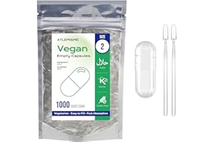 ATLEMISME Empty Capsules Size 2 1000 Count,Clear Empty Vegan Capsule Kosher,Halal and Non GMO Certified for DIY Supplements.Hypoallergenic Veggie Capsules Empty with 2 Spoons,Adapted to The Capsule Filler