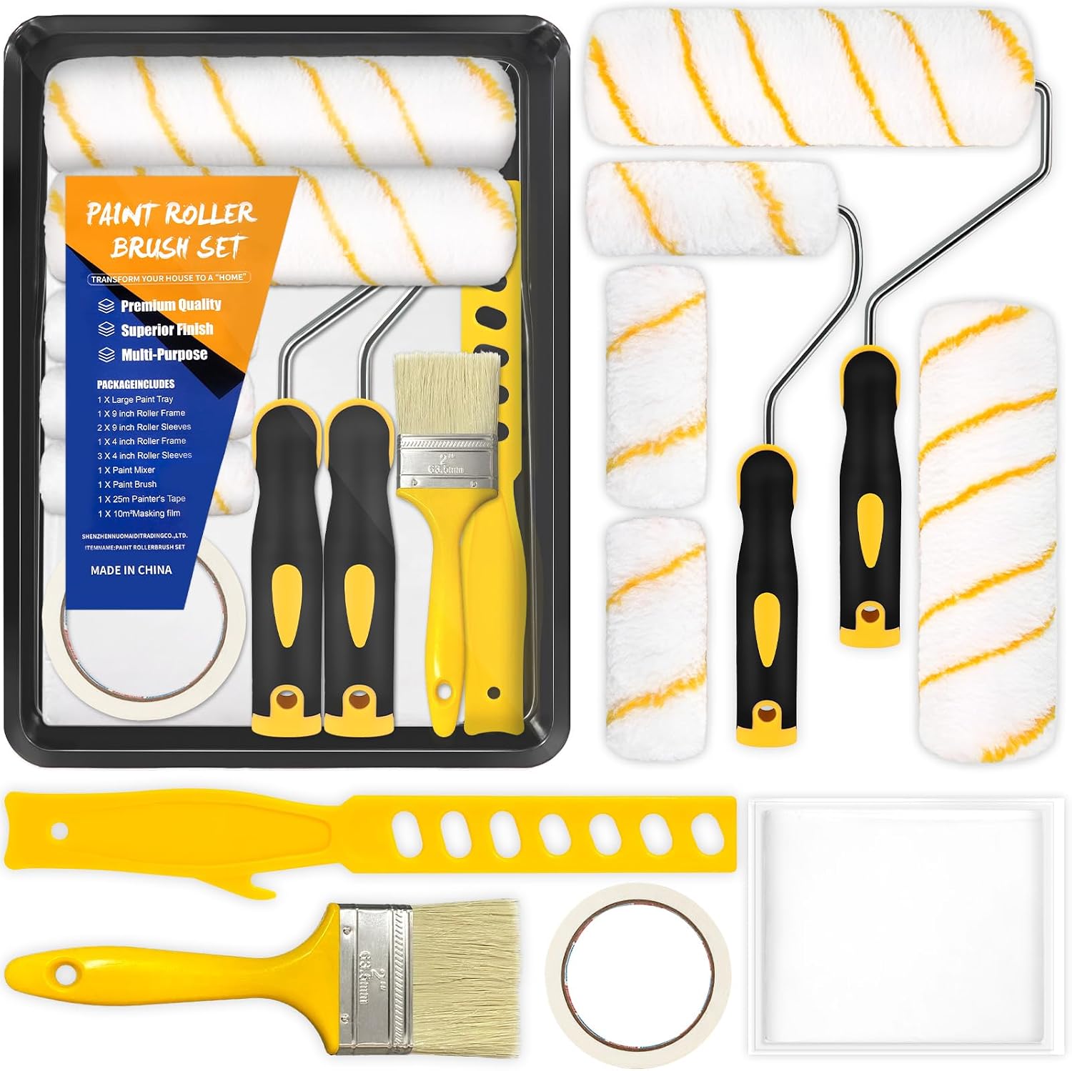 BBLTIFF 12pcs Kit Rodillo para Pintar Paredes, Kit Pintar Pared Kits de Herramientas de Pintura para Todo Tipo de Superficies y Pinturas Pelo Medio con Bandeja Mango Ergonómico para La Decoración