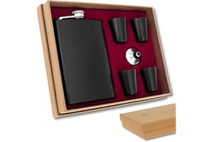 ‎FLANACOM Flachmann Geschenkset für Männer • Militär Design Matt-Schwarz o. Matt-Grün • Edelstahl Flachmann Set mit Becher & Trichter • Geschenk für Männer • 9 oz / 265 ml • Wandern Zubehör (Schwarz)