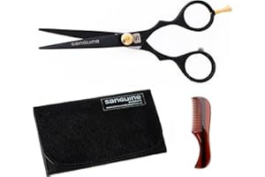 SANGUINE Ciseaux de Barbe et Moustache Ultra Tranchants, Lames Convexes Japonaises pour une Coupe Précise, Adaptés à la Barbe, la Moustache, et les Sourcils, 11,5cm, Noir - Étui Inclus