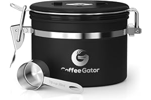 Coffee Gator Coffee Canister Airtight 900 mL, Stainless Steel Kitchen Food Storage Container with Date Tracker, CO2 Valve, Scoop for Grounds Coffee, Beans,Tea, Sugar, Flour, Snacks