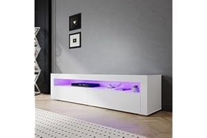 SIRHONA - Mueble de TV blanco, mueble Tele con LED, iluminación LED RGB con color ajustable, 2 armarios con puertas, 180 x 40 x 45 cm, adecuado para salón o dormitorio