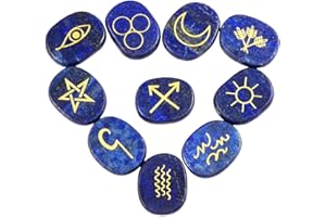 KYEYGWO 10pcs Lapis Lazuli Pierre de Rune pour Divination Décoration Méditation, Reiki Pierre Précieuse Gravée Symbole Runique Cristaux