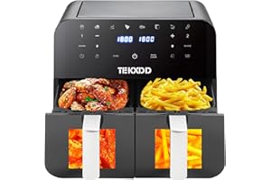 TEKXDD Air Fryer Sans Huile Dual Zone,9L Visible Friteuse a Air,Air Fryer Double Compartiment,2400w,Écran Tactile LED, Moins 