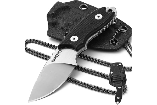 Omesio Neck Knife D2 EDC Kniv Kydex Slida Svart | D2 stål, kompakt design med Kydex-slida och kedja för camping, vandring och vardaglig användning.