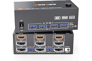 AOOCOO KVM Switch 3 Monitore 2 Computer 4K@144Hz 8K@60Hz, Displayport + HDMI USB3.0 KVM Switches mit 4 USB 3.0 Anschlüssen, kabelgebundener Fernbedienung, Netzteil und USB3.0 Kabel im Lieferumfang enthalten