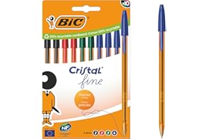 ‎BIC BIC Cristal Original Fine Kugelschreiber mit feiner Spitze (0,8 mm) mit durchsichtigem orangefarbenem Schaft – verschiedene Tintenfarben, Kartonschachtel à 10
