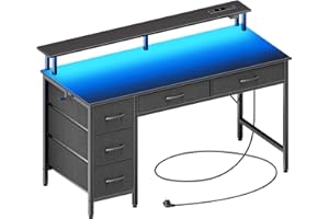 Seventable Computertisch mit Steckdosen & LED-Beleuchtung, 120cm Gaming Schreibtisch mit 5 Schubladen, Gaming Tisch mit Monitorständer, fürs Büro, Arbeitszimmer, Schlafzimmer, Wohnzimmer, Schwarz