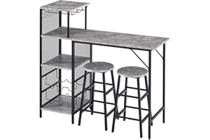 Rainbow Tree 3Pcs Bar Table and Stools Set, Kitchen Breakfast Bar Table and Chairs Set 2 with Cup Holder and Wine Rack, Bar Table Sets Furniture for Kitchen, Dining Room, Pub, Cafe, (Grey Marble)
