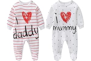 AOMOMO Lot de 2 Grenouillères Bébé Unisexe 100% Coton .– “I Love Mummy” et “I Love Daddy” – Cadeau Naissance Jumeaux, Imprimé Écologique, Pieds Fermés, Boutons-Pression Pratiques