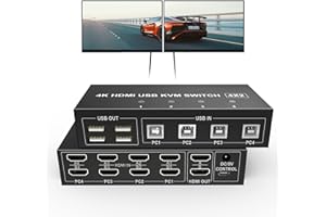 YEEMIE PRO Commutateur KVM HDMI double écran 4 ports, UHD 4K @ 60Hz Commutateur KVM USB 2 moniteurs 4 ordinateurs Commutateur KVM HDMI 4 en 2 sorties moniteur PC clavier souris commutateur