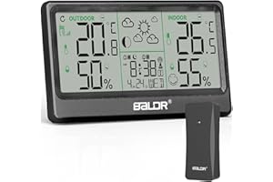 SKYBOBMY Station Météo Sans Fil, 8,5'' Thermomètre Hygromètre Baromètre Intérieur Extérieur 12 Phases Lunaires Horloge Atomique Prévisions Météo Horloge Digitale Alarme Répétition Affichage Heure Date et Jour