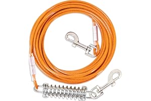 FENGCO Laisse pour chien avec ressort - Crochets pivotants en métal à 360° - Câble en fil d'acier avec clips durables de qualité supérieure - Orange - 15 m