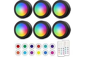PURSNIC LED Puck Lights with 2 Remotes, Battery Operated Under Cabinet Lights, RGB Night Light with Timer, Brightness Adjustable Wireless LED Lights, 6 Pack